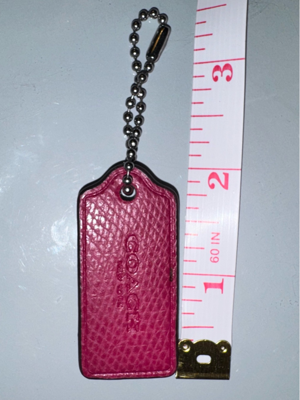 Coach 2” Fuchsia Pink Pebble Leather HangTag with silver Ball Chain EUC
